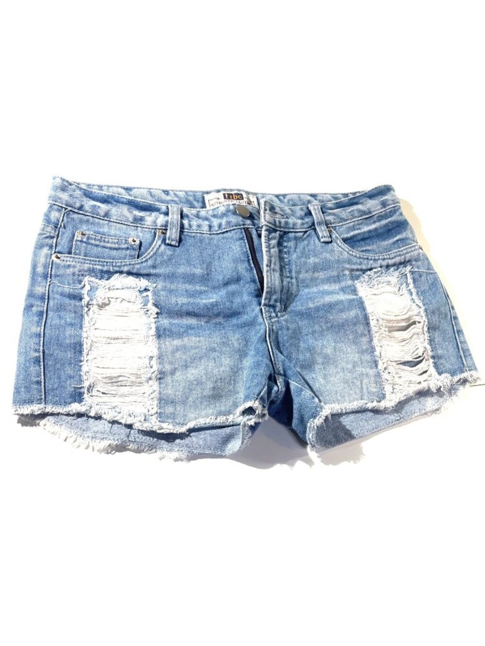 T+BC Distressed Light Wash Denim Shorts With Raw Hem & Ripped Detail - Size XL
